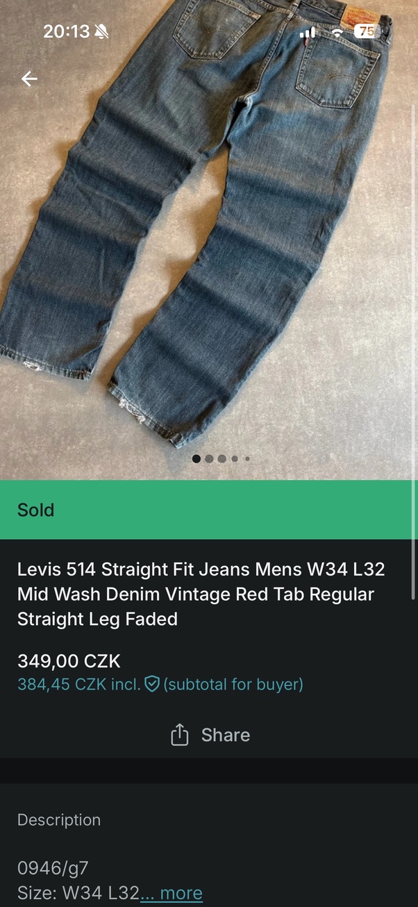 Levi's 514 vintage jeans listing marked sold