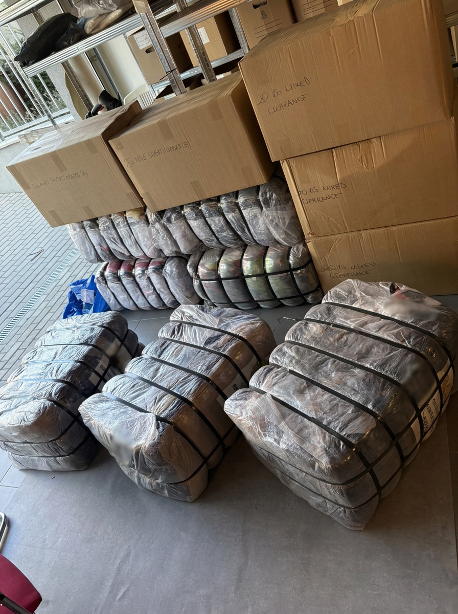 Bales and clearance boxes prepared for sorting